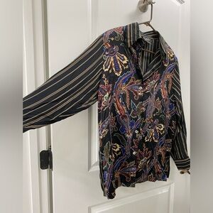 KOOS Of Course Paisley Front Stripe Back 100% Silk Button Blouse size Med